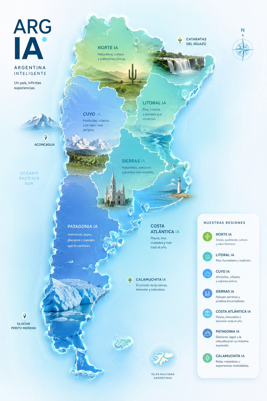Mapa de Argentina con sus regiones turísticas inteligentes: Norte, Litoral, Cuyo, Sierras, Calamuchita, Costa Atlántica y Patagonia